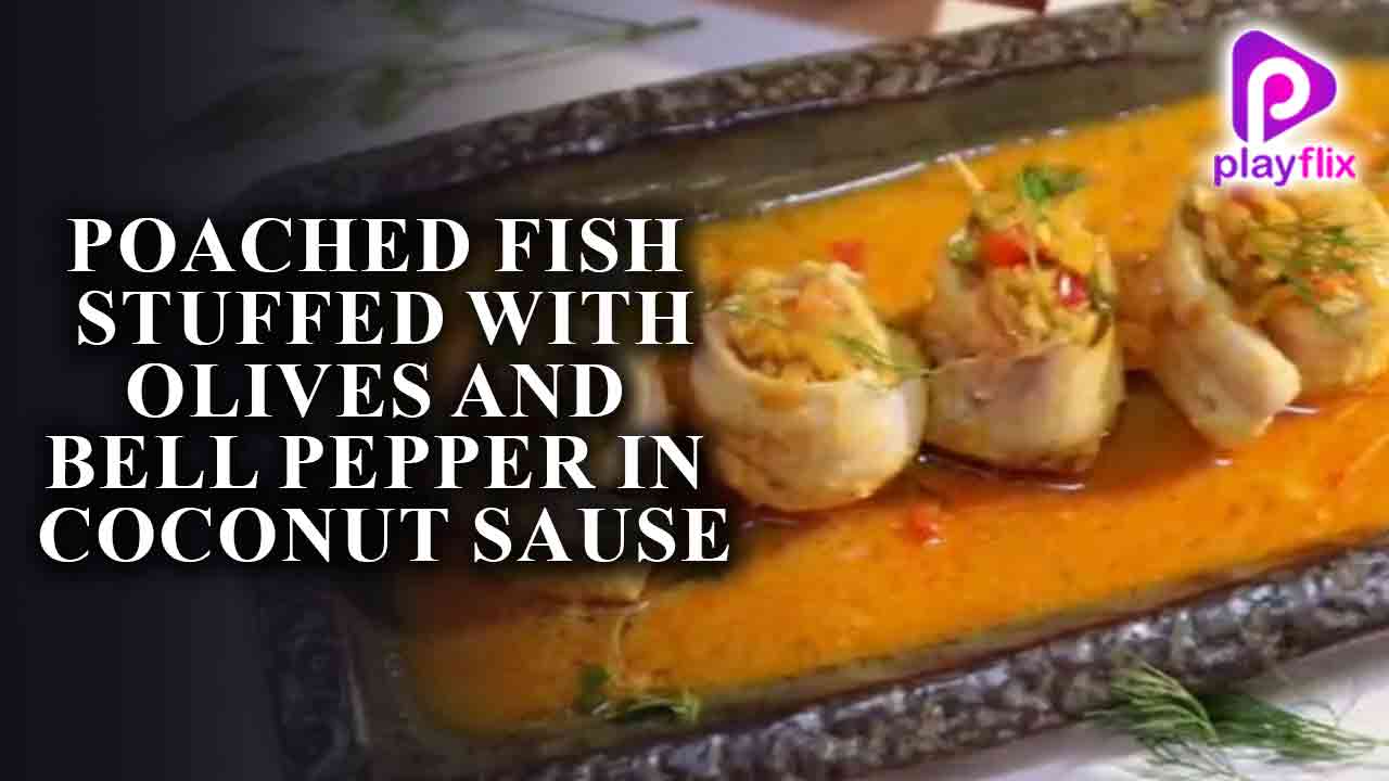 Poached Fish Stuffed with Olives and Bell Pepper in Coconut Sause